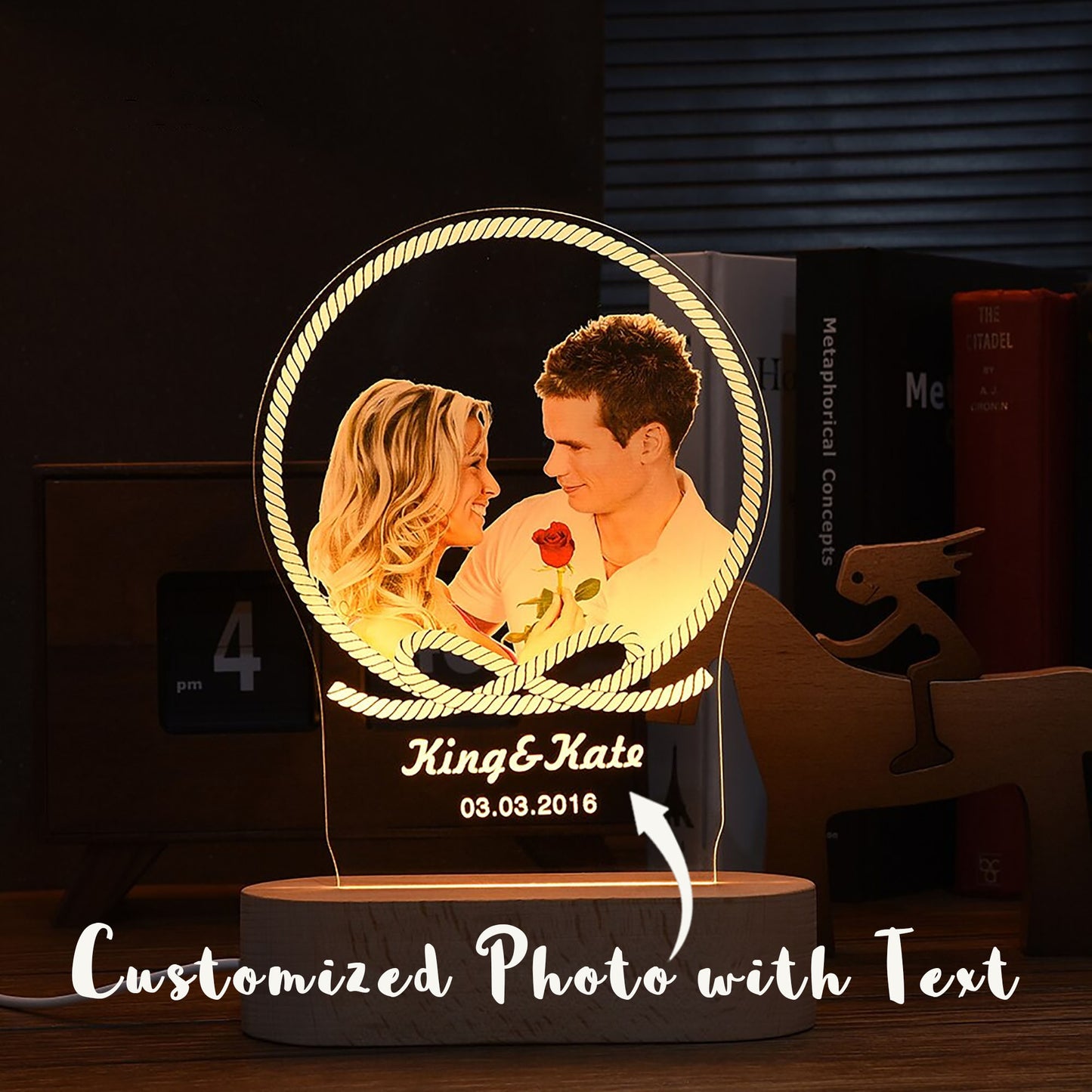 Customized Photo with Text Frame USB Wooden Base With Led Light Decoration