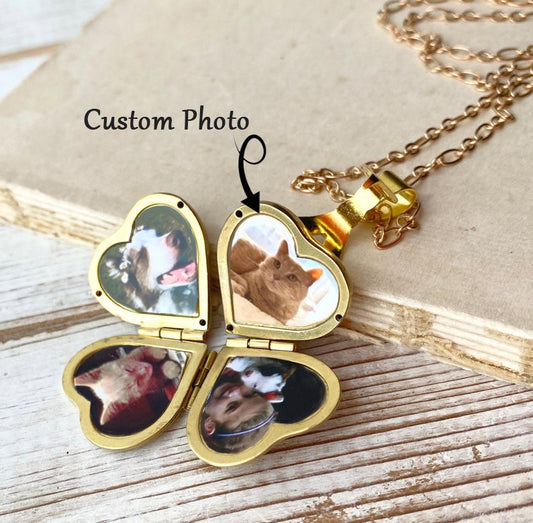 Customized Gold Heart Photo Necklace  Four-leaf Clover Multilayer Photo