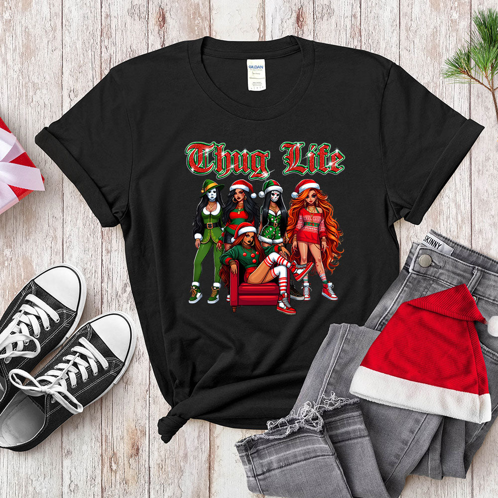 Funny Thug Life Christmas, Holiday Outfit for Women, Cute Santa Girl Tee
