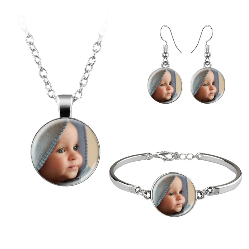 Custom Photo Jewelry Set: Personalized Necklace, Bracelet, Earring - Perfect Family Gift