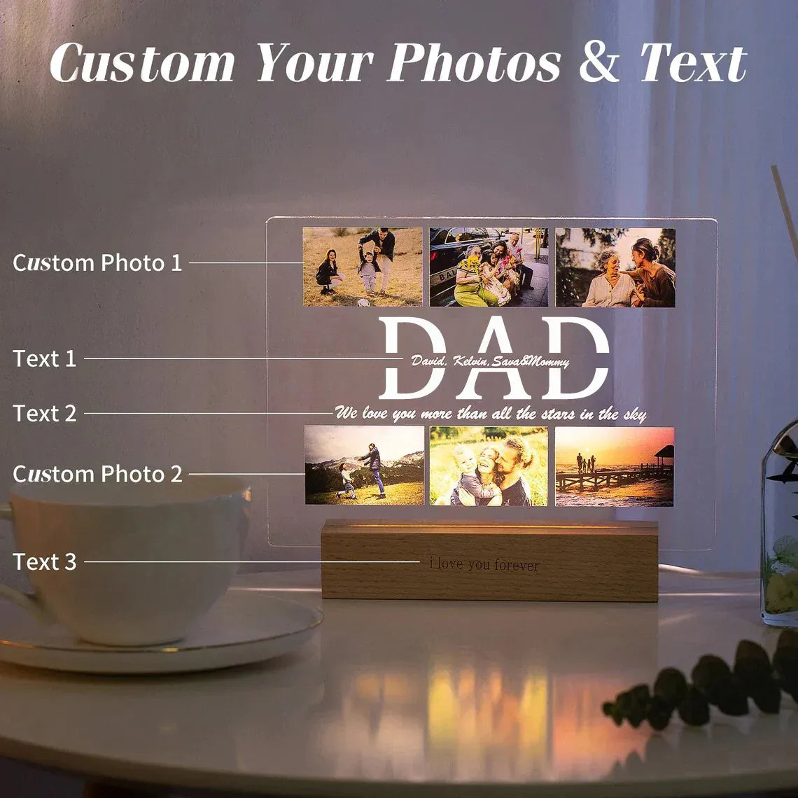 Personalized Custom Photo Text 3D Acrylic Lamp - Customized Night Light for MOM DAD LOVE Father Day