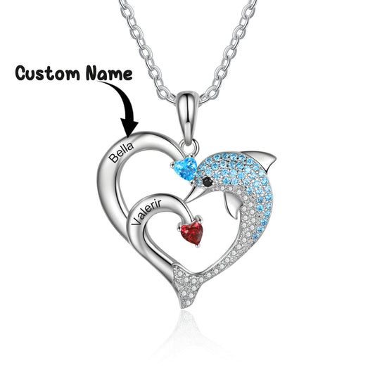 Personalized Birthstone Heart Dolphin Pendant Necklace