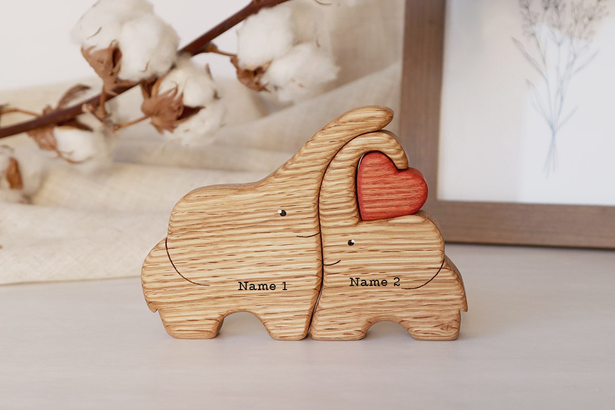 Custom Wooden Elephant Family Figurine With Names