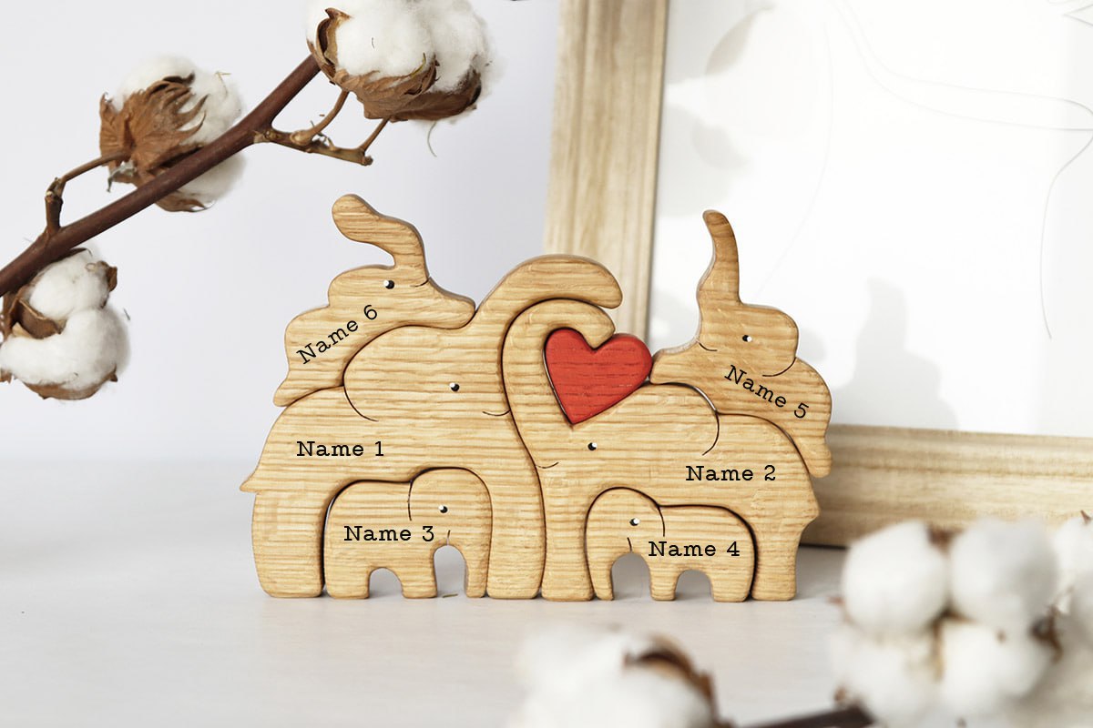 Custom Wooden Elephant Family Figurine With Names