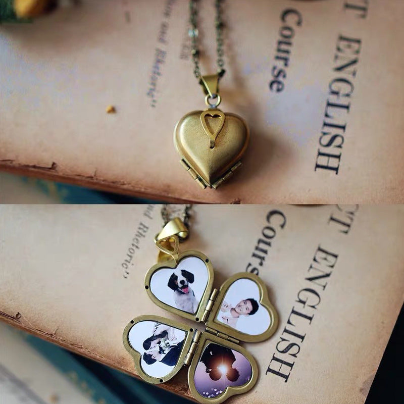 Customized Gold Heart Photo Necklace  Four-leaf Clover Multilayer Photo