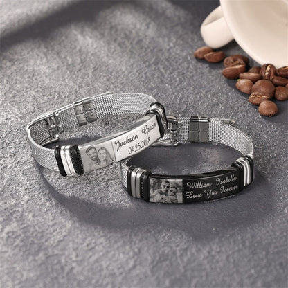 Custom Engraved Photo & Name Inscription Bracelet For Men - Anniversary Gift