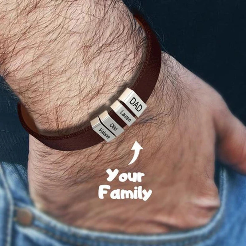 Customized leather bracelet for men Engrave Family Name Id Tag - Father's Day Gift