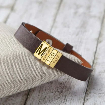 Customized leather bracelet for men Engrave Family Name Id Tag - Father's Day Gift