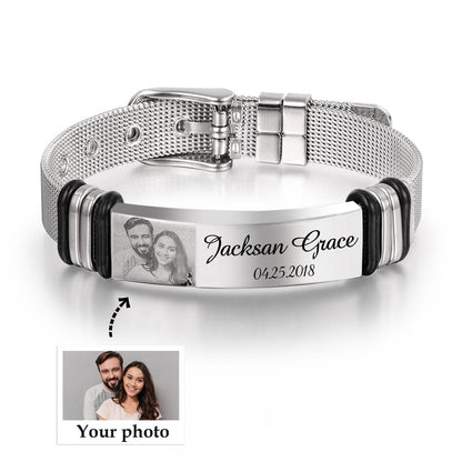 Custom Engraved Photo & Name Inscription Bracelet For Men - Anniversary Gift